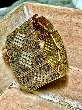 Gold Tone Filigree Stretch Bracelet with Clear Crystal Accents